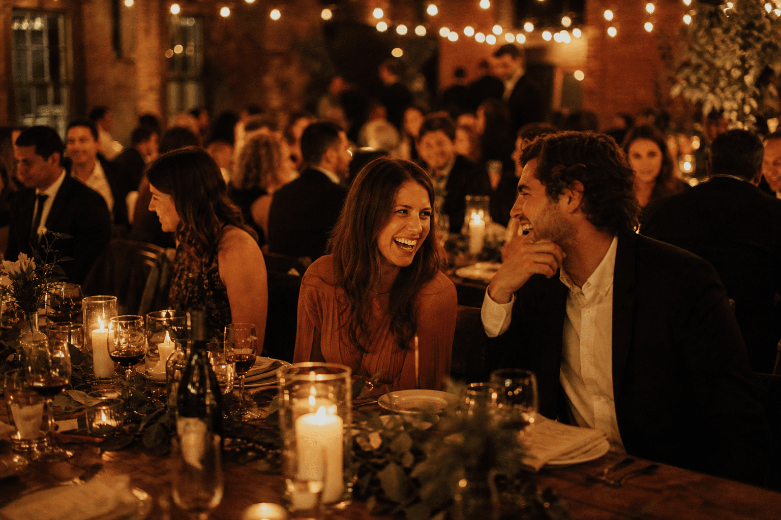 Guests talking around a candle-lit long table